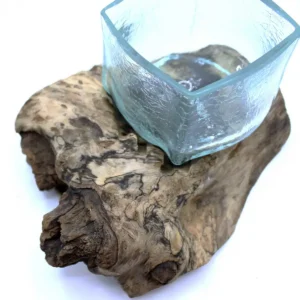 Handgjord smält glasvas på trärot från Bali - produktbild 2
