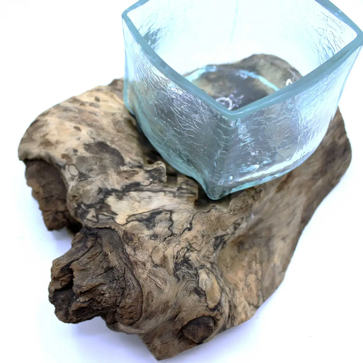 Handgjord smält glasvas på trärot från Bali - produktbild 2