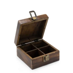 Handgjord teask i mangoträ med fyra fack och lås 15x15x8 cm - produktbild 4