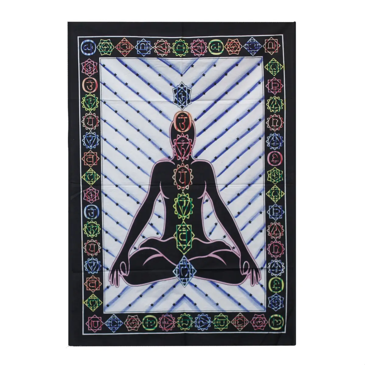 Handmålad bomullsväggbonad med Buddha i meditationsställning och chakrasymboler