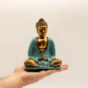 Handmålad Buddha-staty i resin i turkos och guld, medium - produktbild 2