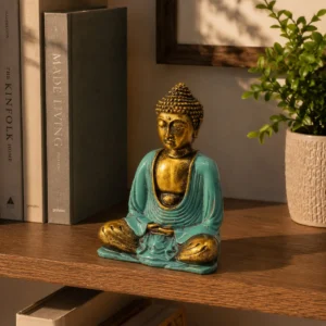 Handmålad Buddha-staty i resin i turkos och guld, medium - produktbild 4