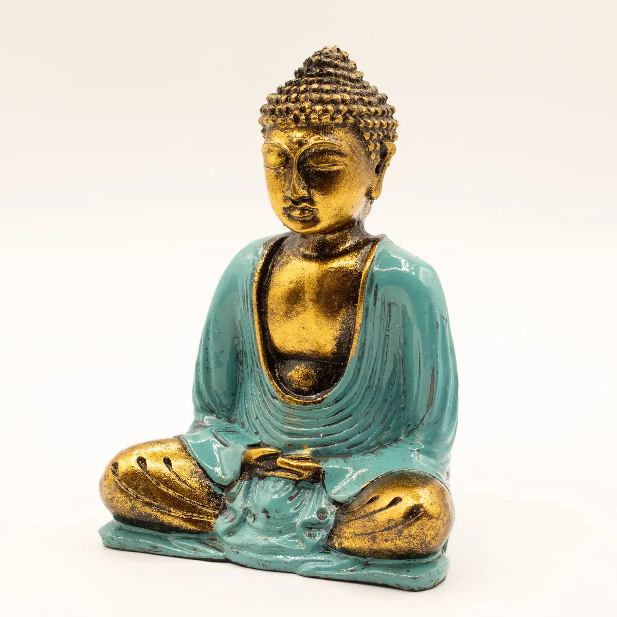 Handmålad Buddha-staty i resin i turkos och guld, medium - produktbild 5