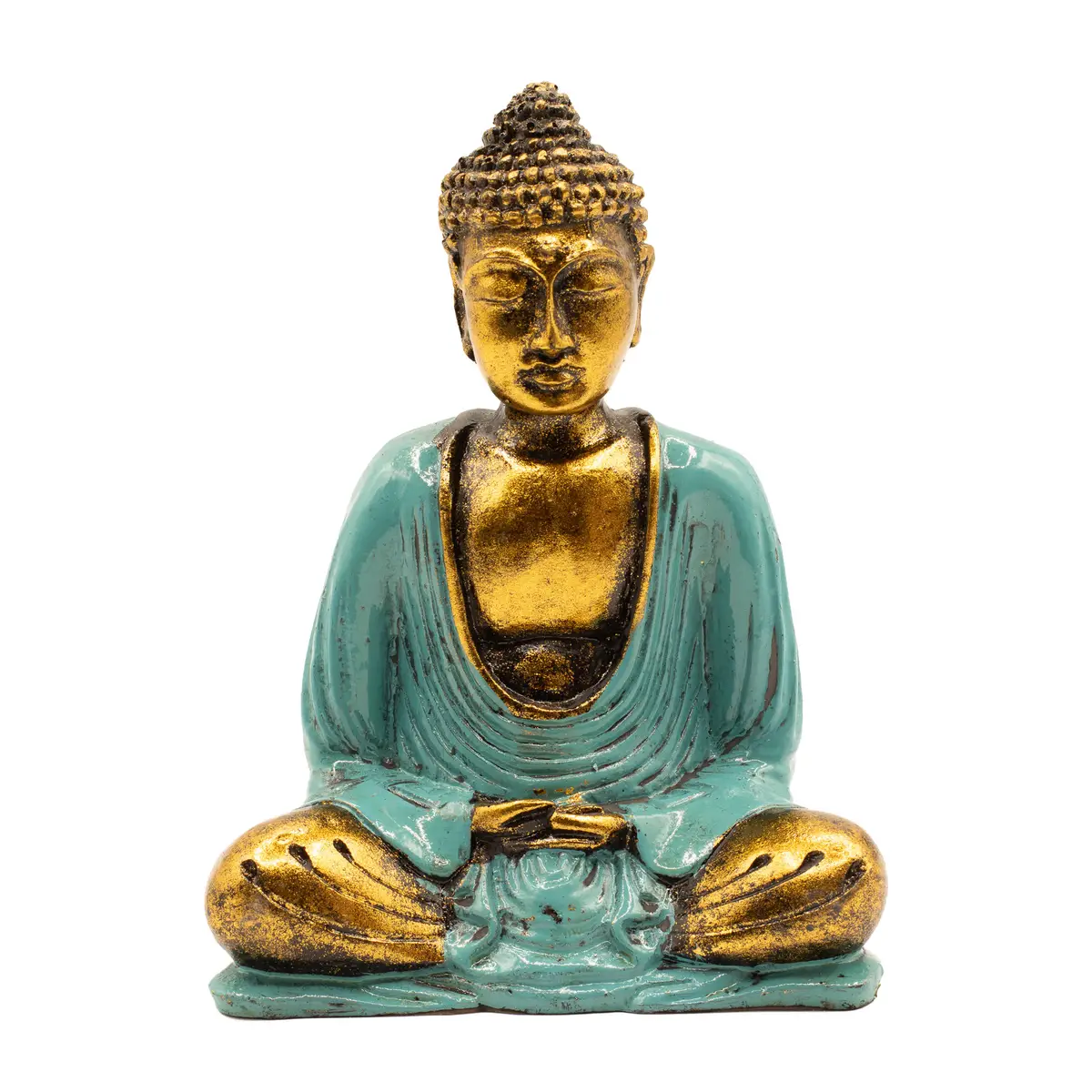 Handmålad Buddha-staty i resin i turkos och guld sittande i meditationsställning