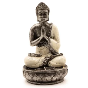 Handmålad Buddha-staty i resin med vit klädnad och integrerad ljushållare