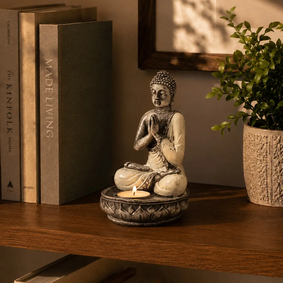 Handmålad Buddha-staty i resin med ljushållare, vit, medelstor - produktbild 3