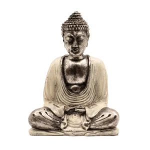 Handmålad Buddha-staty i resin i vitt och grått sittande i meditationsställning