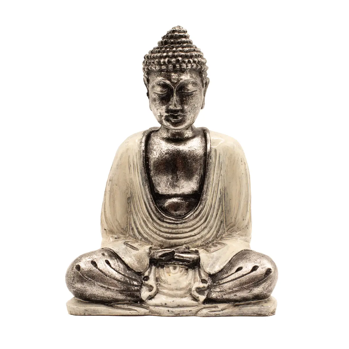 Handmålad Buddha-staty i resin i vitt och grått sittande i meditationsställning