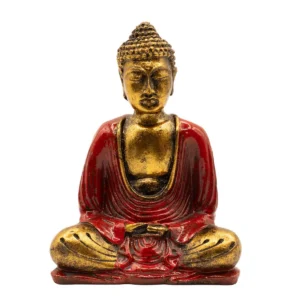 Handmålad Buddha-staty i resin med röd och guldfärgad finish i medelstorlek