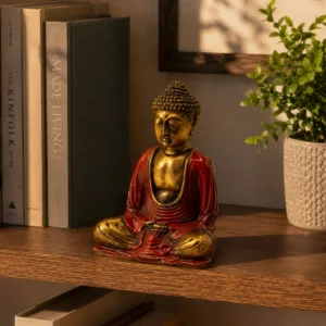 Handmålad Buddha-staty i resin, röd och guld, medium - produktbild 2