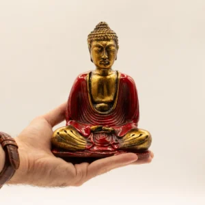 Handmålad Buddha-staty i resin, röd och guld, medium - produktbild 4