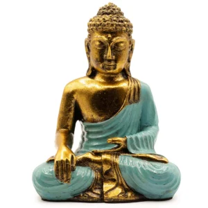 Handmålad Buddha-staty i resin med turkos och guldfärgad finish sittande i meditationsställning
