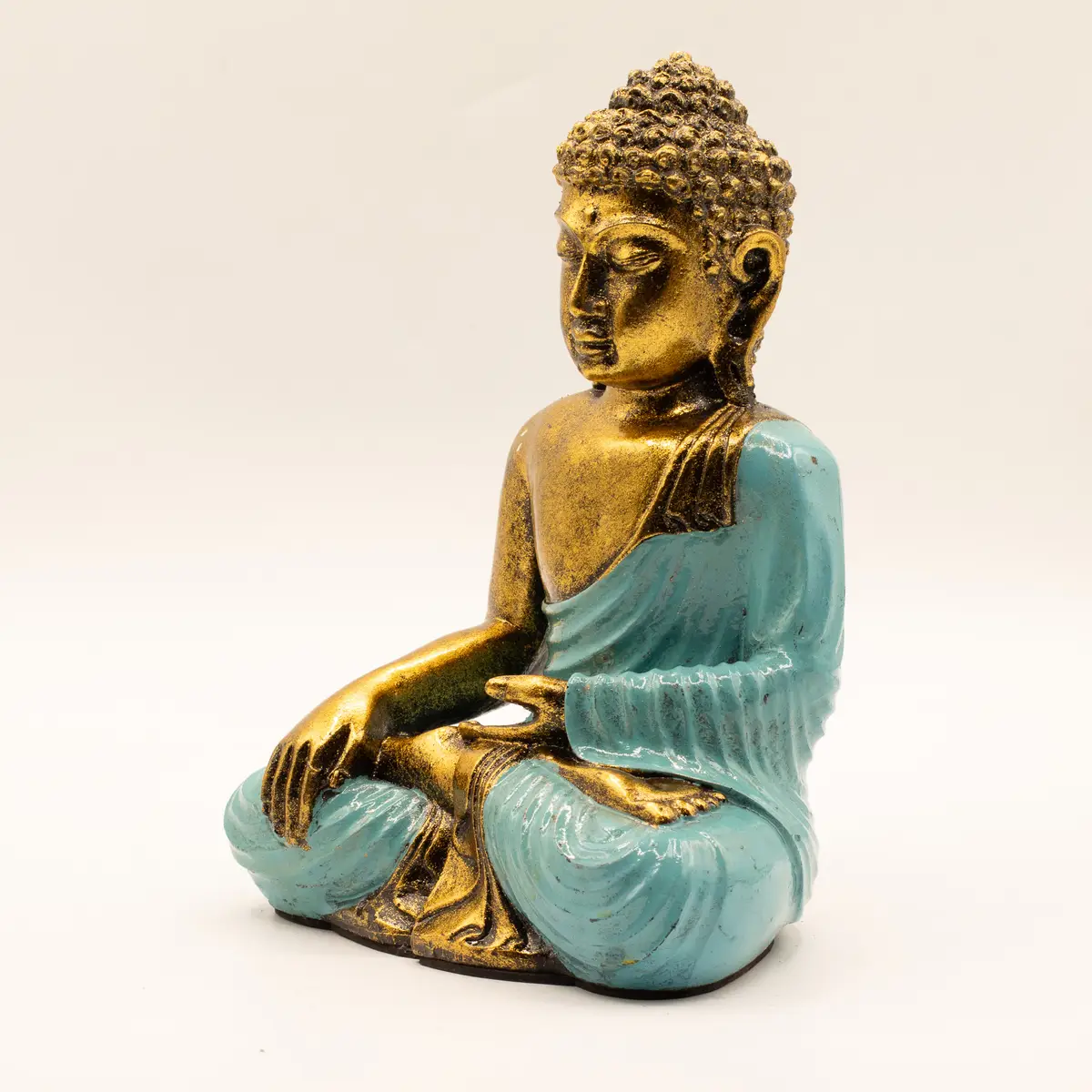 Handmålad Buddha-staty i resin, stor turkos och guld - produktbild 2