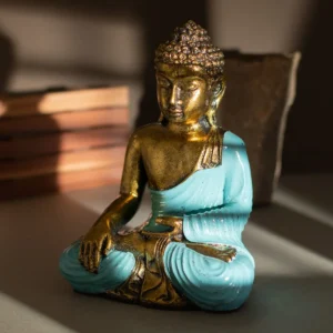 Handmålad Buddha-staty i resin, stor turkos och guld - produktbild 4