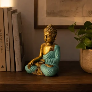 Handmålad Buddha-staty i resin, stor turkos och guld - produktbild 5