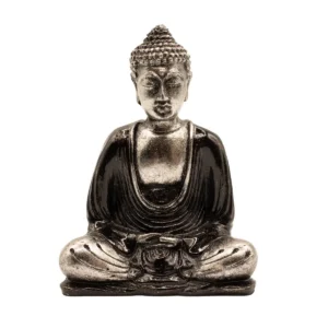 Handmålad Buddha-staty i resin i svart och grå färg i sittande meditationsställning