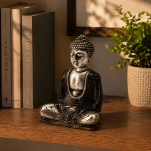 Handmålad Buddha-staty i resin svart och grå, medium - produktbild 2