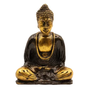 Handmålad Buddha-staty i resin med svart och guldfärgad finish i sittande meditationsställning