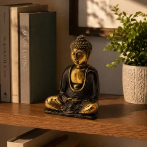 Handmålad Buddha-staty i resin svart och guld, medium - produktbild 3