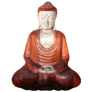 Handskuren Buddha-staty i Suarträ med nedåtvänd hand sittande i meditationsställning