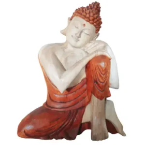 Handskuren Buddha-staty i trä i tänkande pose, 25 cm hög