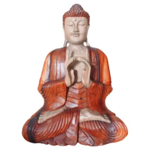Handskuren Buddha-staty i trä med två händer i sittande position