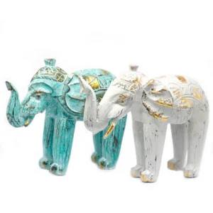 Handskuren elefant i trä med turkos och guld - produktbild 2