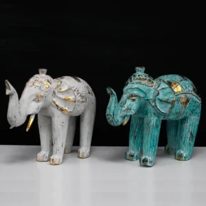 Handskuren elefant i trä med turkos och guld - produktbild 6