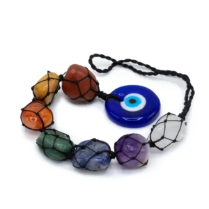 Hängande chakra-stenpendel med sju färgade ädelstenar och blå onda ögat-symbol