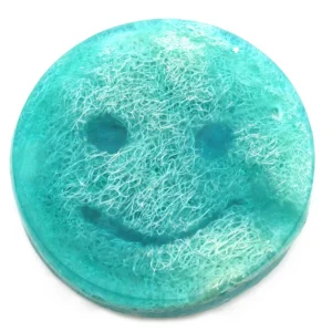 Rund blågrön Happy Scrub-tvål med leende ansikte