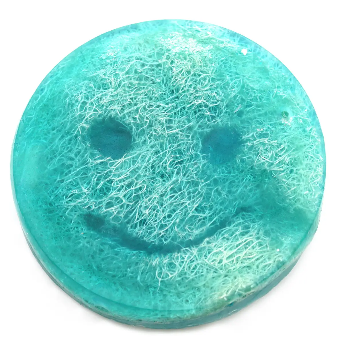 Rund blågrön Happy Scrub-tvål med leende ansikte