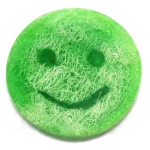Grön rund Happy Scrub-tvål med smiley och naturliga fibrer