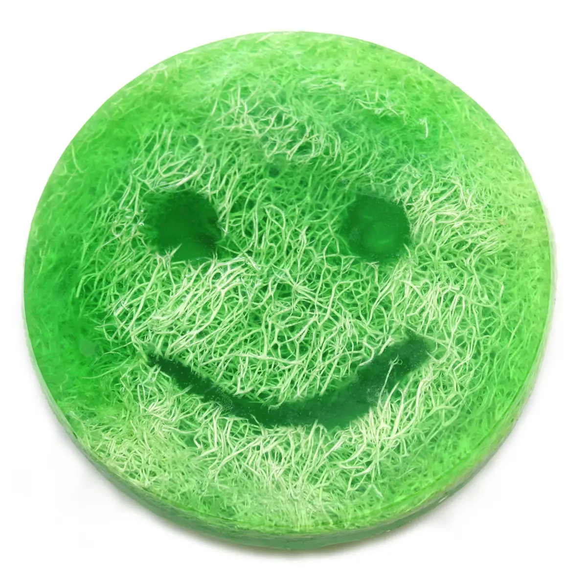 Grön rund Happy Scrub-tvål med smiley och naturliga fibrer