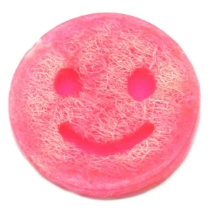 Rund rosa Happy Scrub-tvål med leende ansikte och tuggummidoft