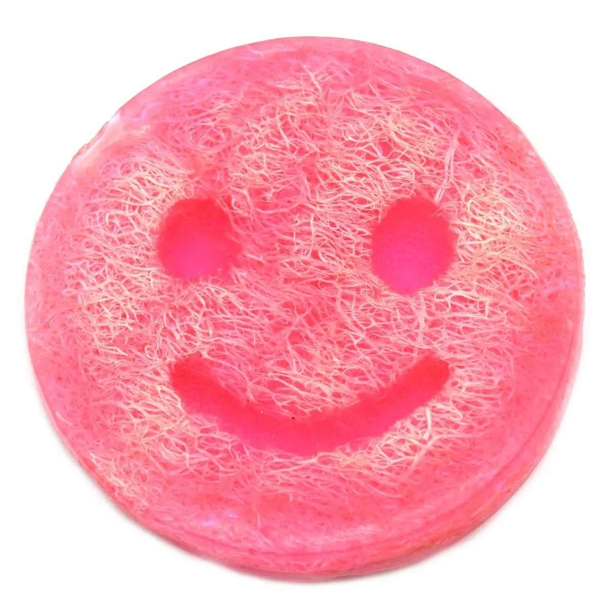 Rund rosa Happy Scrub-tvål med leende ansikte och tuggummidoft