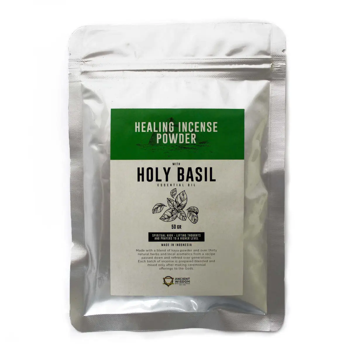 Förpackning med helande rökelsepulver med helig basilika