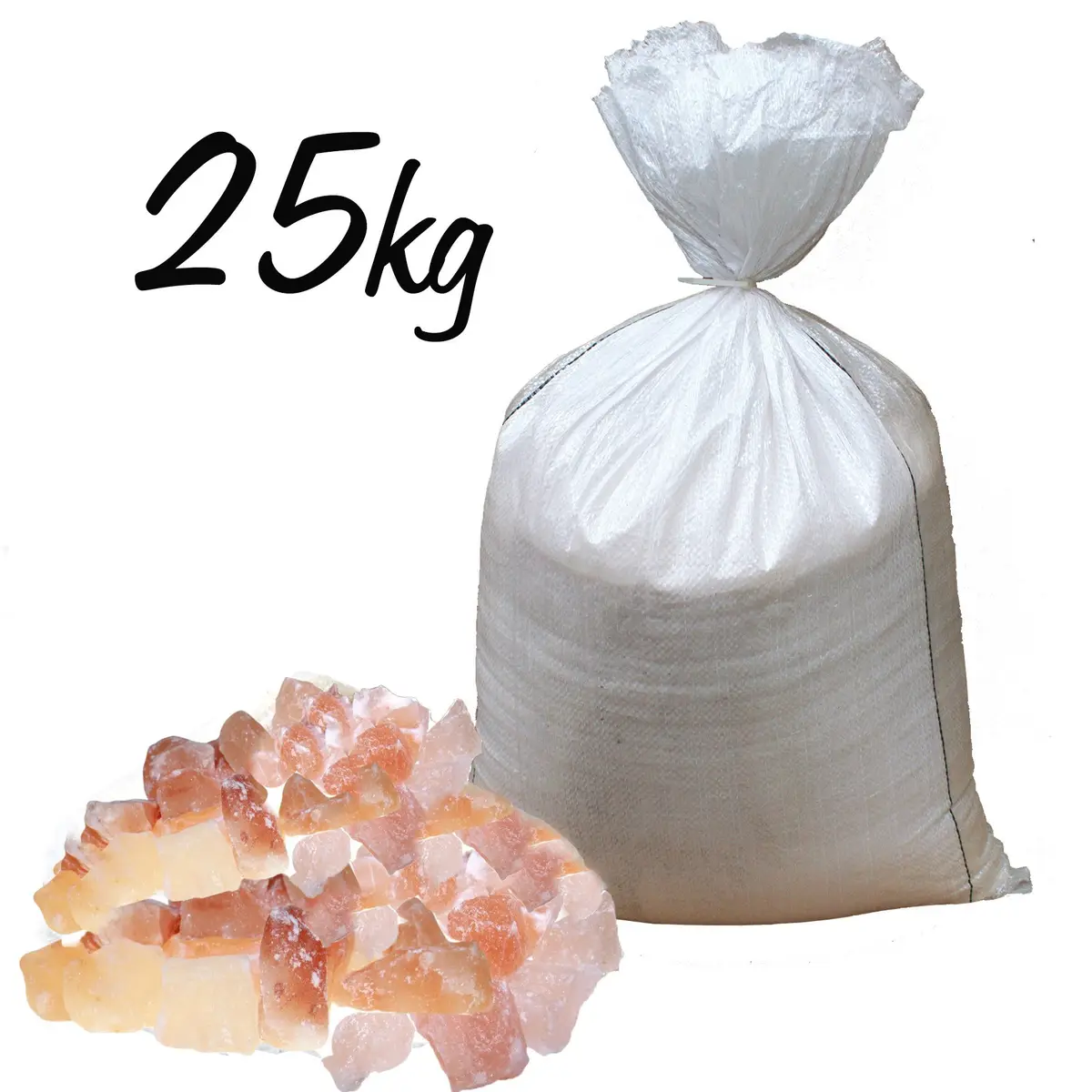 Stor vit säck med 25 kg himalayiskt badsalt i rosa och vita bitar
