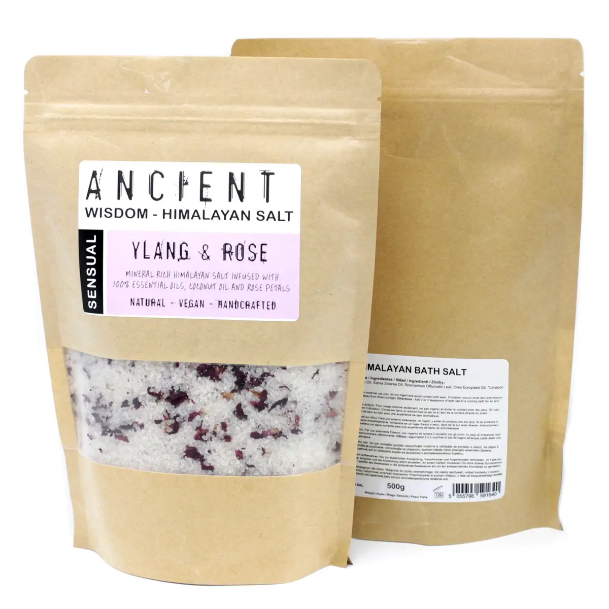 Förpackningar med himalayiskt badsalt med ylang ylang och rosenblad
