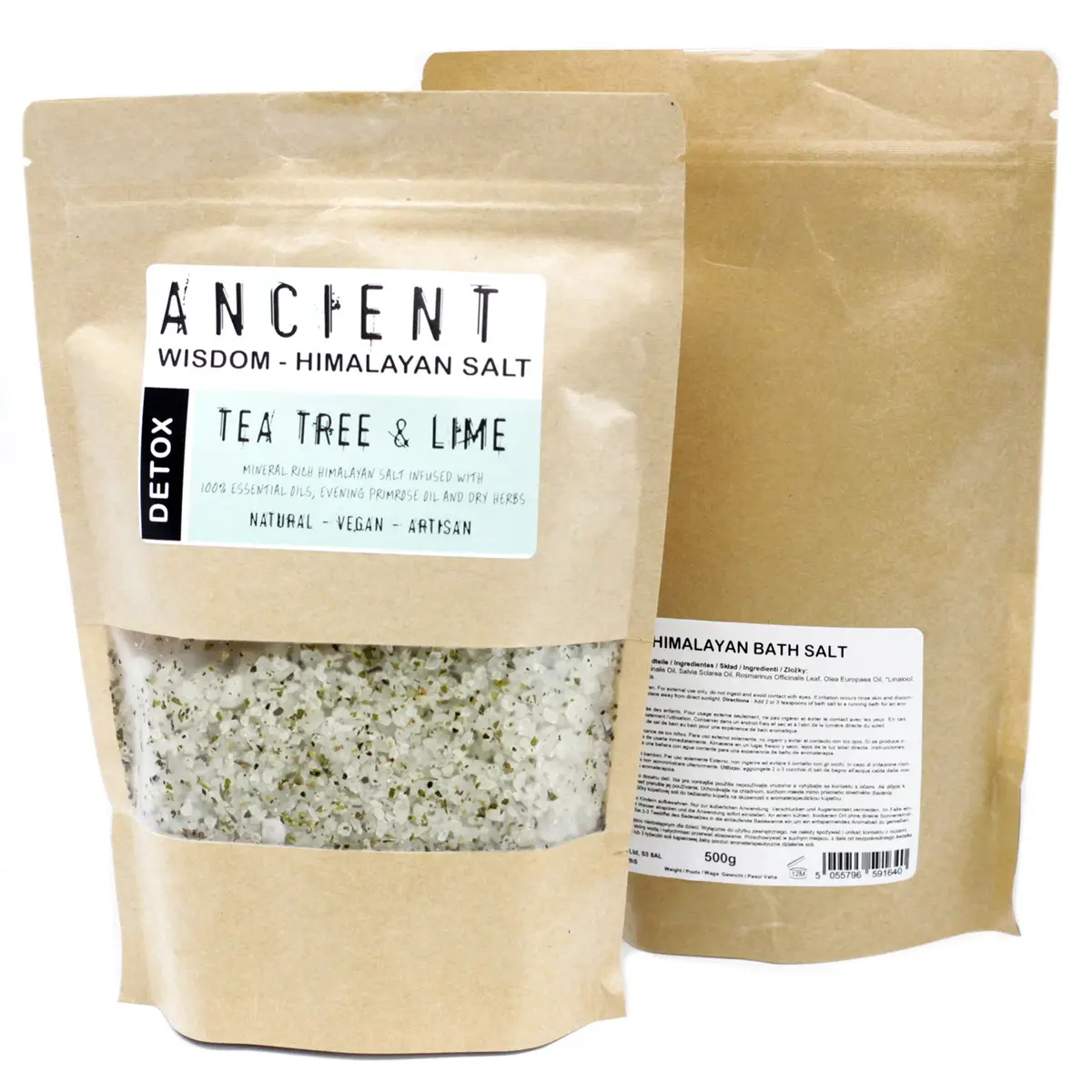 Förpackning med himalayasalt detoxbadsalt med tea tree och lime