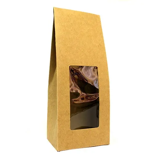 Hög presentask i brun kartong med fönster, mått 23x9,2x6,5 cm