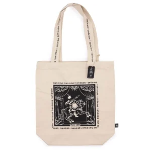 Beige bomullspåse med svart tarotmotiv och texten I am Brave på handtag och framsida