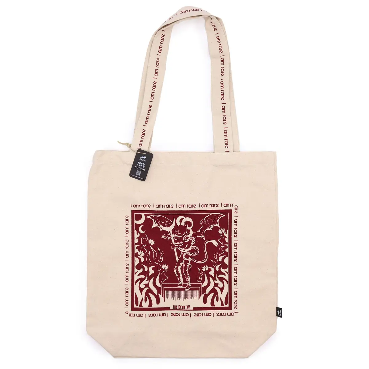 Beige bomullspåse med rött tarotmotiv och texten I am Rare, med långa handtag