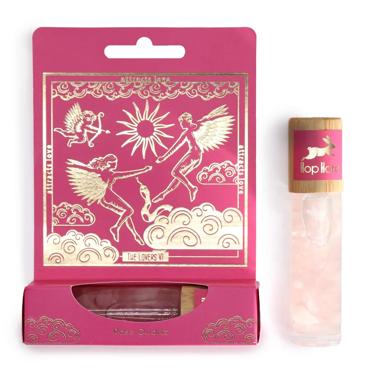 Hop Hare The Lovers eterisk olja med rosenkvarts roll-on i rosa förpackning