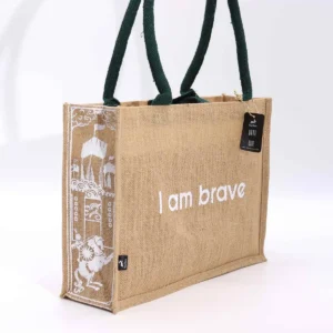 Hop Hare jutesäck i jute med texten I am Brave och gröna handtag