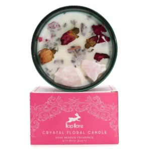 Hop Hare sojavaxljus i grönt glas med rosenkvarts och torkade blommor