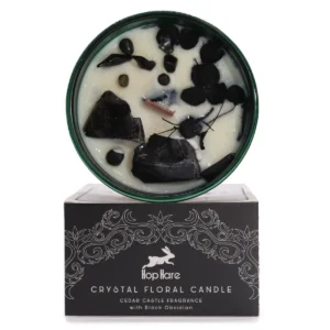 Hop Hare kristallmagiskt sojavaxljus The King of Swords med svart obsidian och torkade blommor i mörkgrönt glas