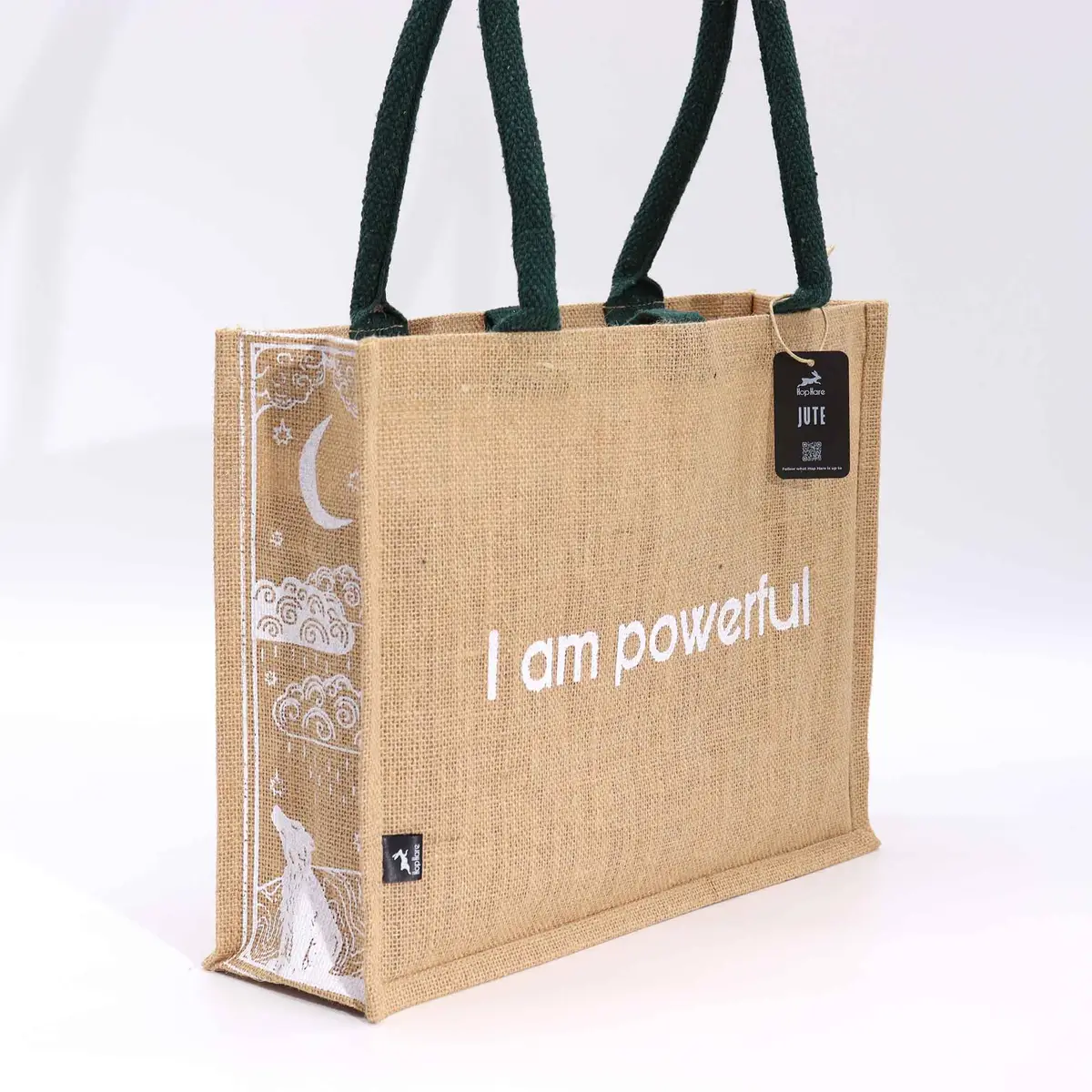 Stor jutesäck från Hop Hare med texten I am Powerful och gröna handtag