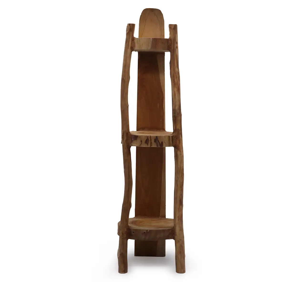 Rustik hörnhylla i naturlig teak med tre hyllplan och 90 cm höjd
