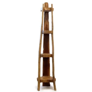 Hörnhylla i naturlig teak med fyra hyllplan och rustik design