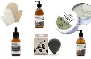 Hudvårdskit med ansiktsmask, serum, konjacsponge, exfolieringsvantar, lotion och kroppstvål